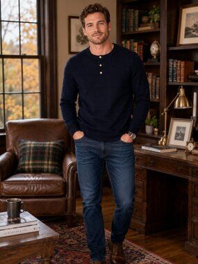 Lachlan British Inspired Blue Long Sleeve Henley Style Sweater Mens Small NWT